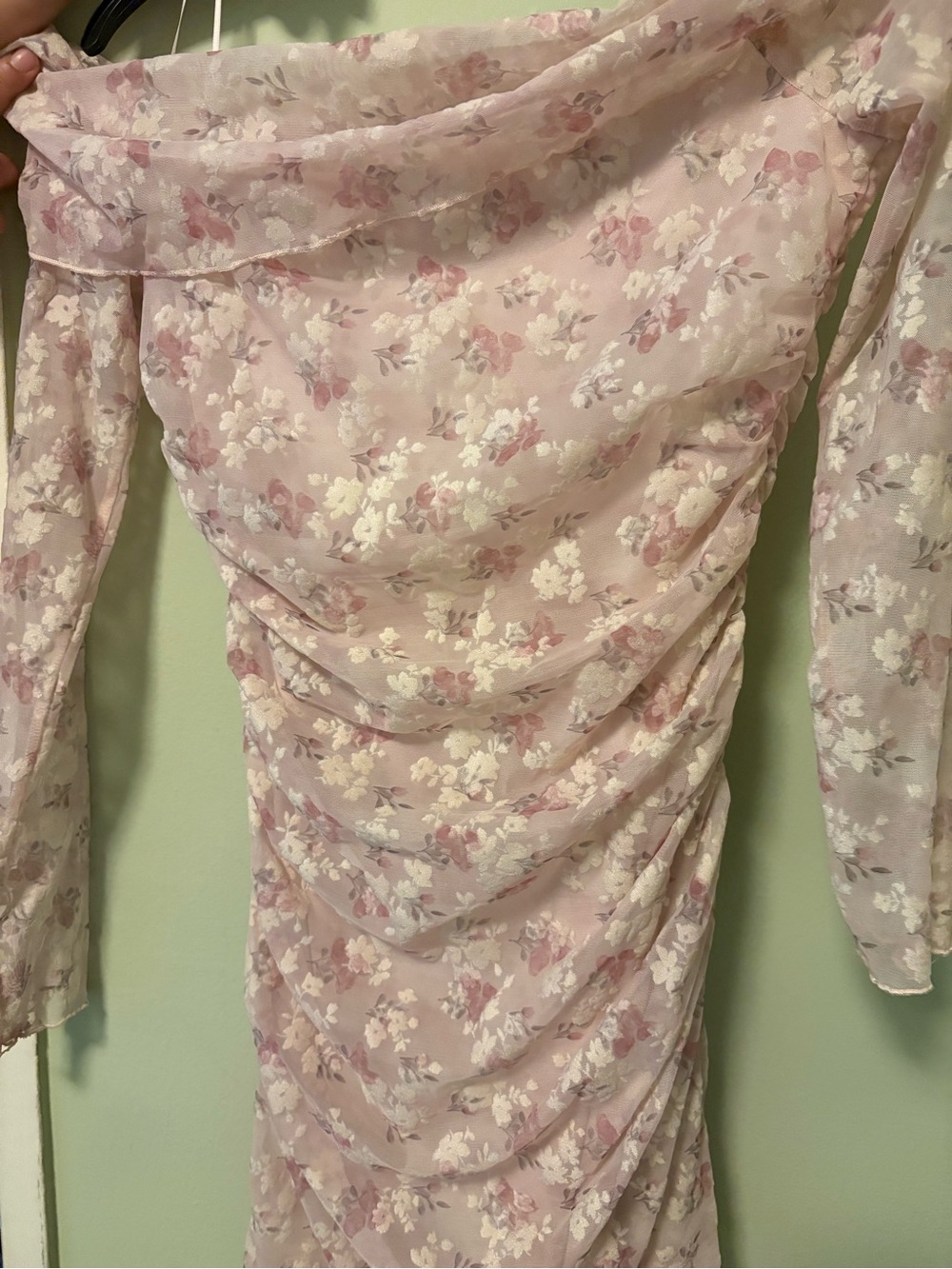 Windsor Pale Pink Floral Long Sleeve Off-Shoulder Dress